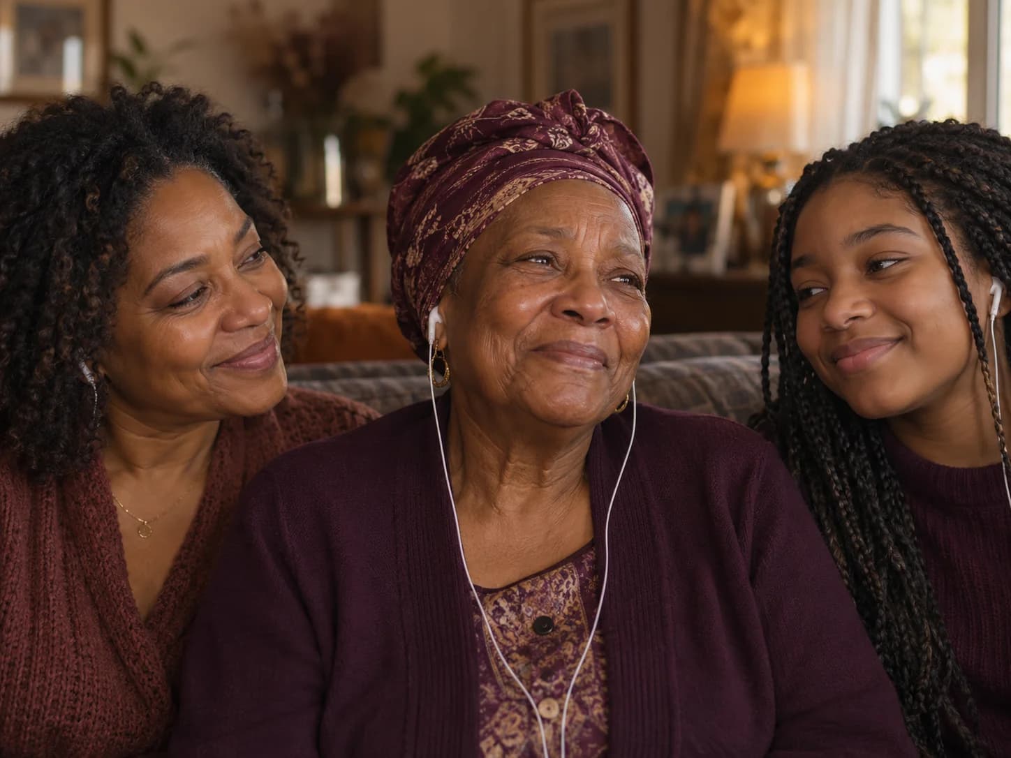 Une famille réunie autour d’une grand-mère émue en découvrant sa chanson.
