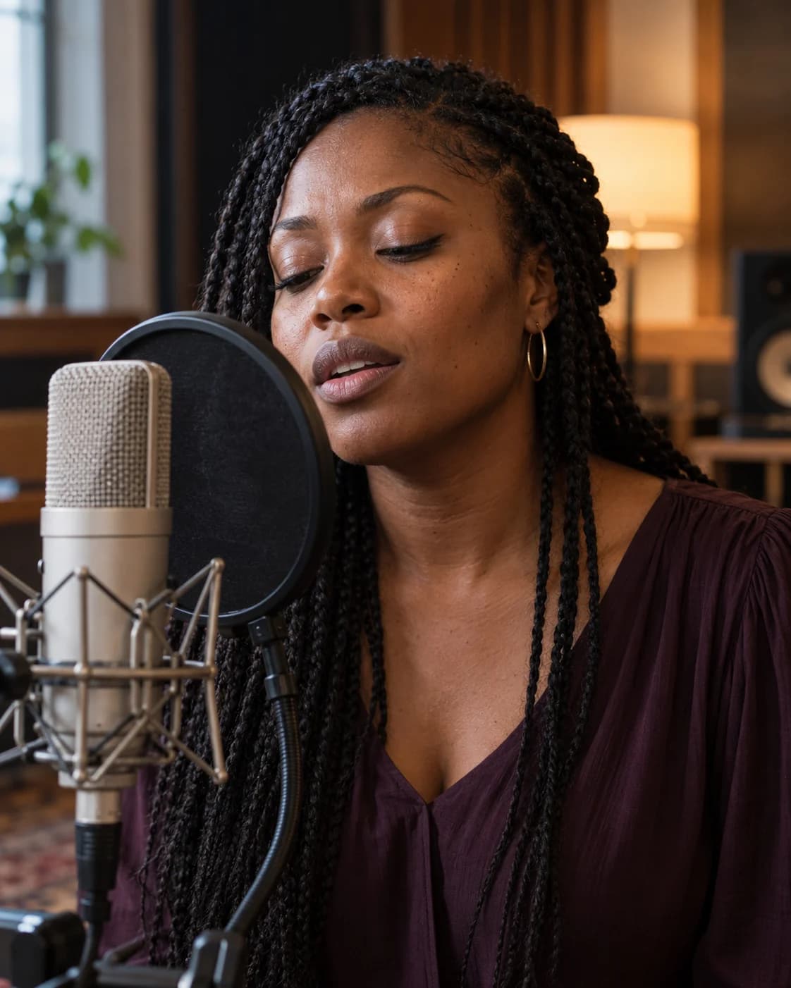 Une femme chante devant un microphone dans un studio à la lumière douce.